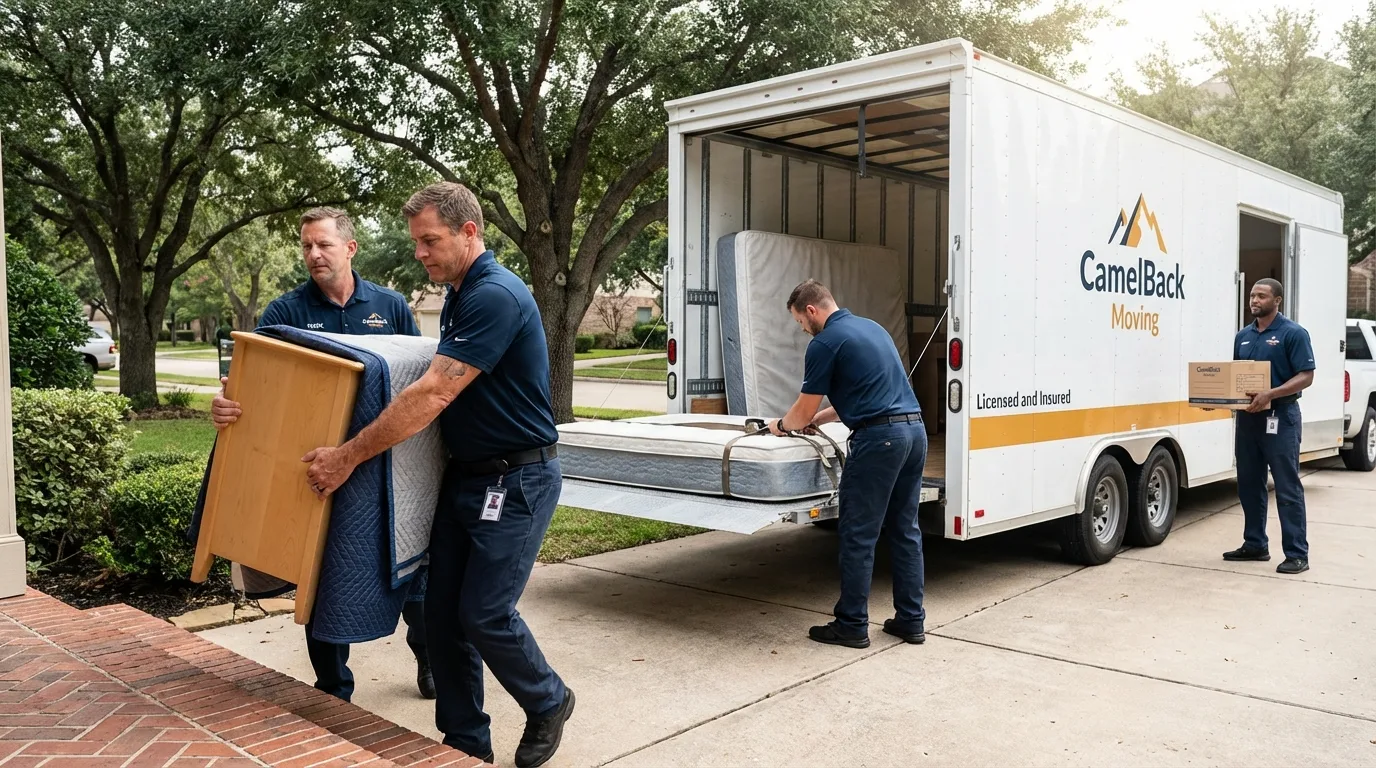 Crew loading residential truck for cross-state move from Hope, IN